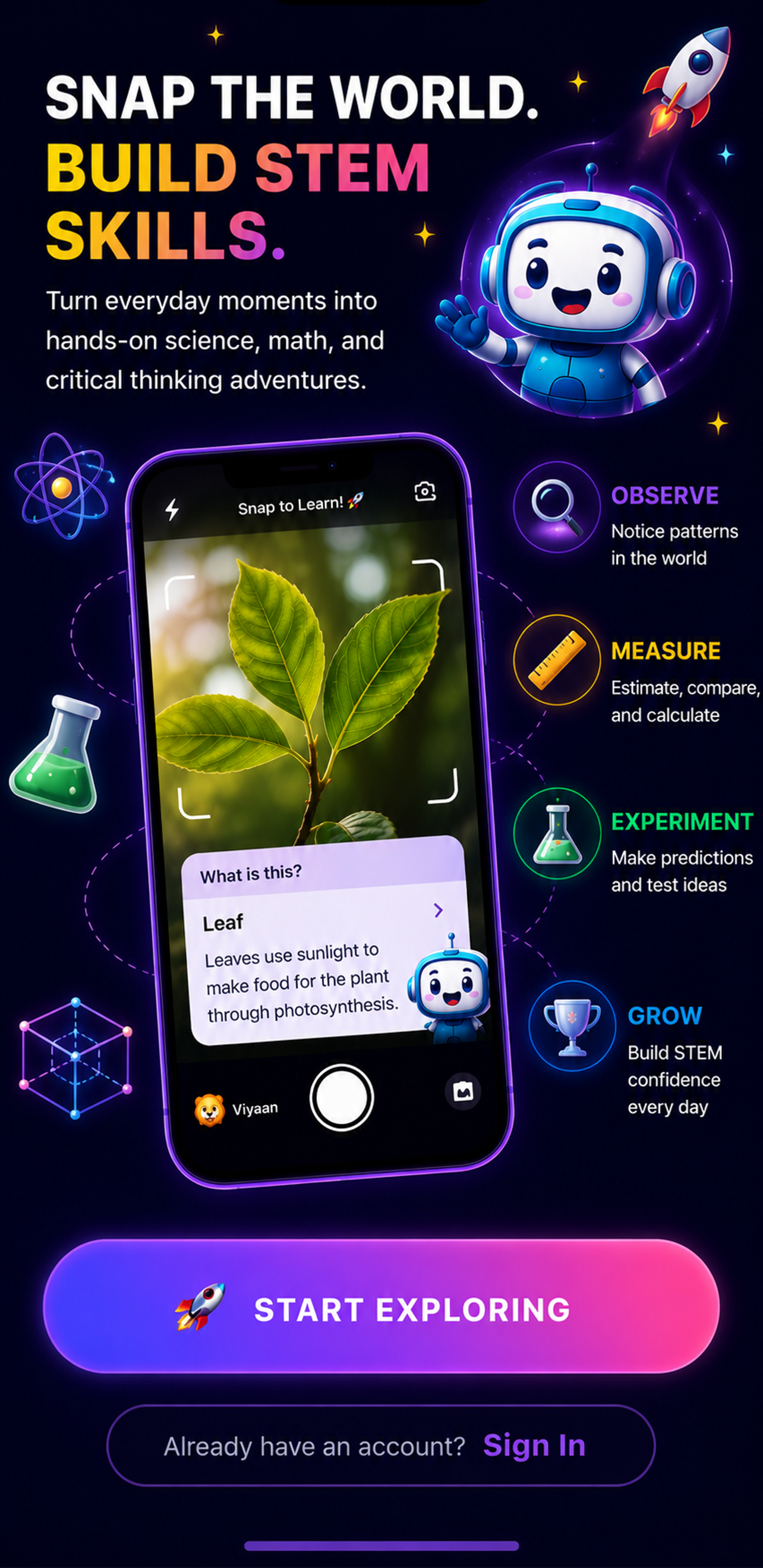 SnapyPlay app screenshot showing a STEM learning quest generated from a photo of a leaf